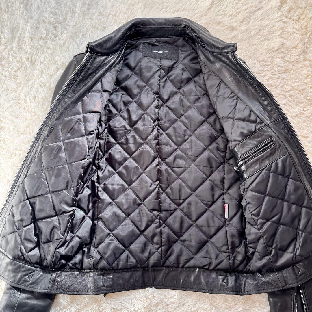ナノユニバース レザージャケット 羊革 ラムレザー ブラック 裏地キルティング