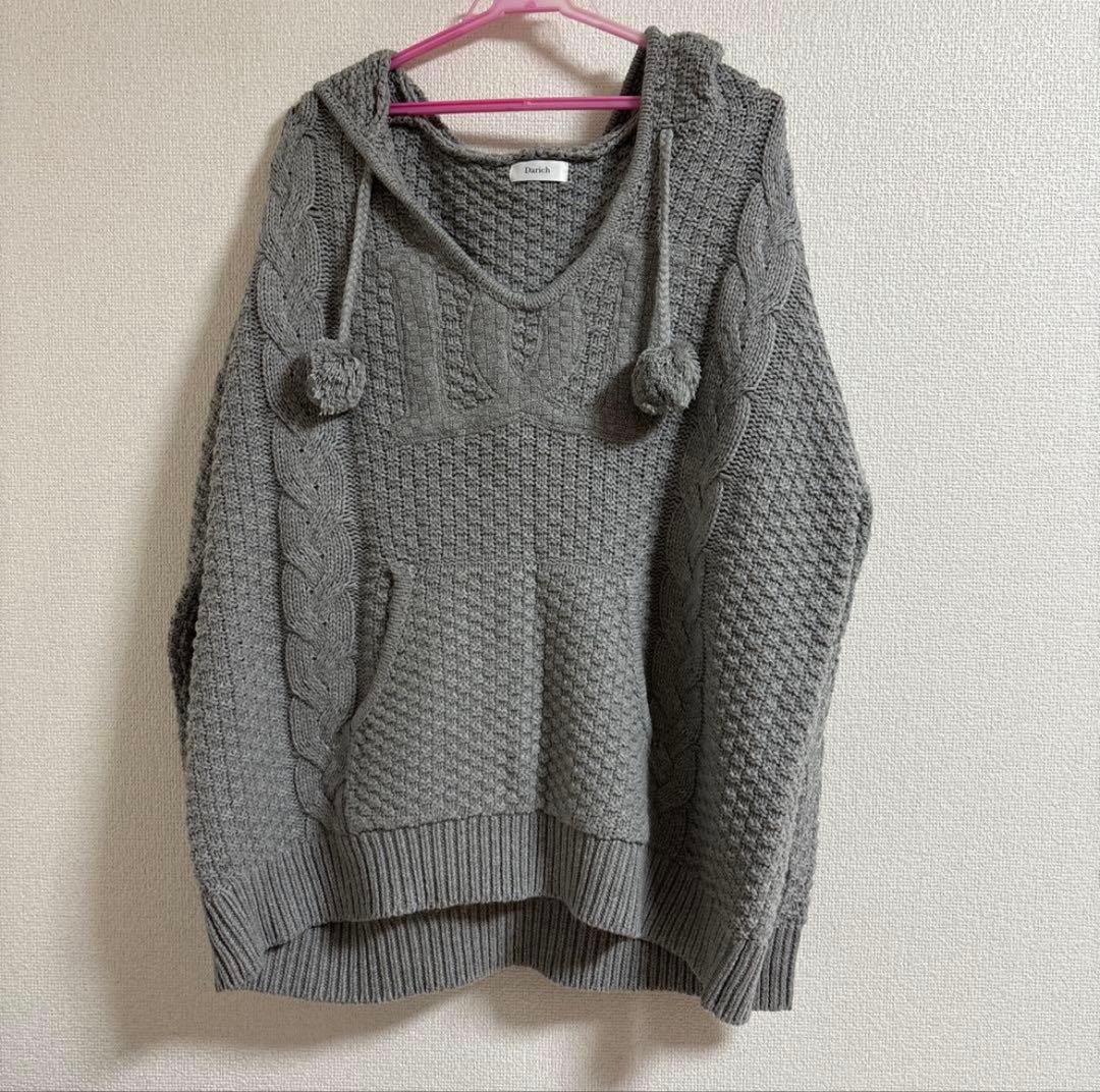 Darich ダーリッチ ケーブルDDロゴVネックニットフーディ グレー