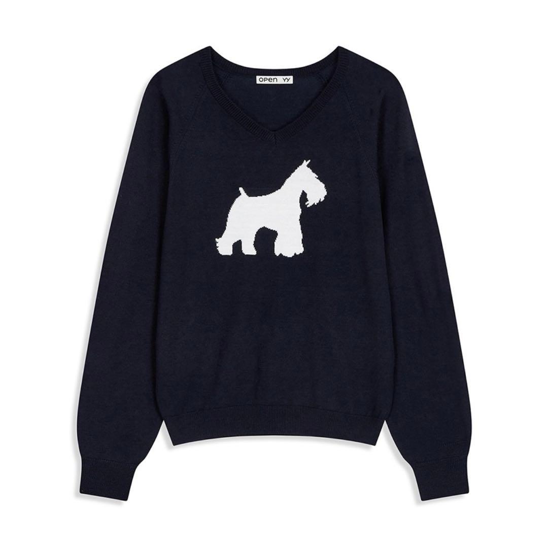OPEN YY ネイビー 犬シルエット ニットセーター
