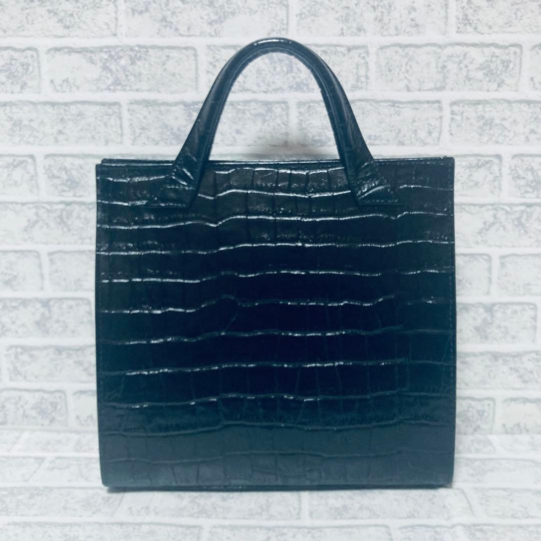 バジョルゴ　ミニトートバッグ　ブラッククロコ型押し　日本製　光沢　牛革