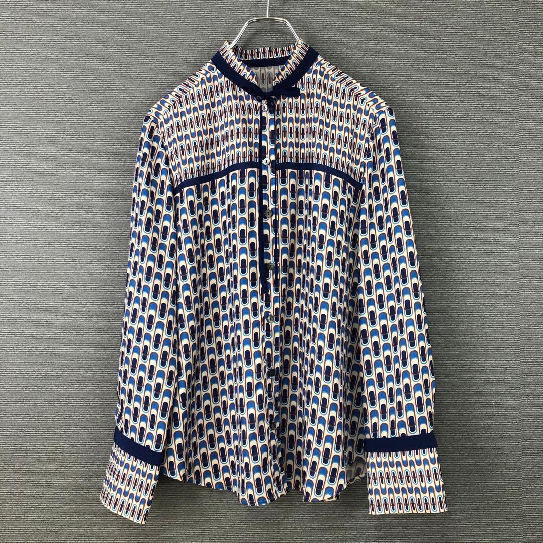 allureville 幾何学プリント配色ナロータイブラウス 2 ブルー