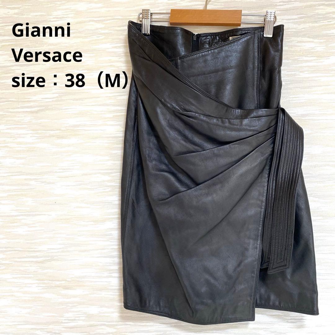 高級◆Gianni Versace レザースカート 巻きスカート風イタリヤ製 黒