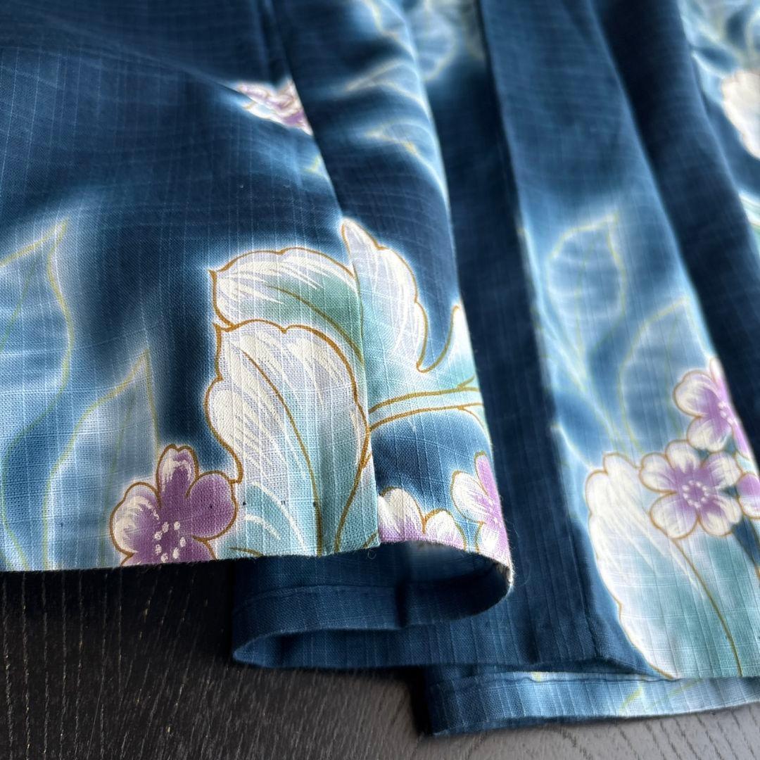 【未使用近い美品】 綿絽浴衣 単品 夏の風情◆上品な紺地×花模様◆希少裄丈長め