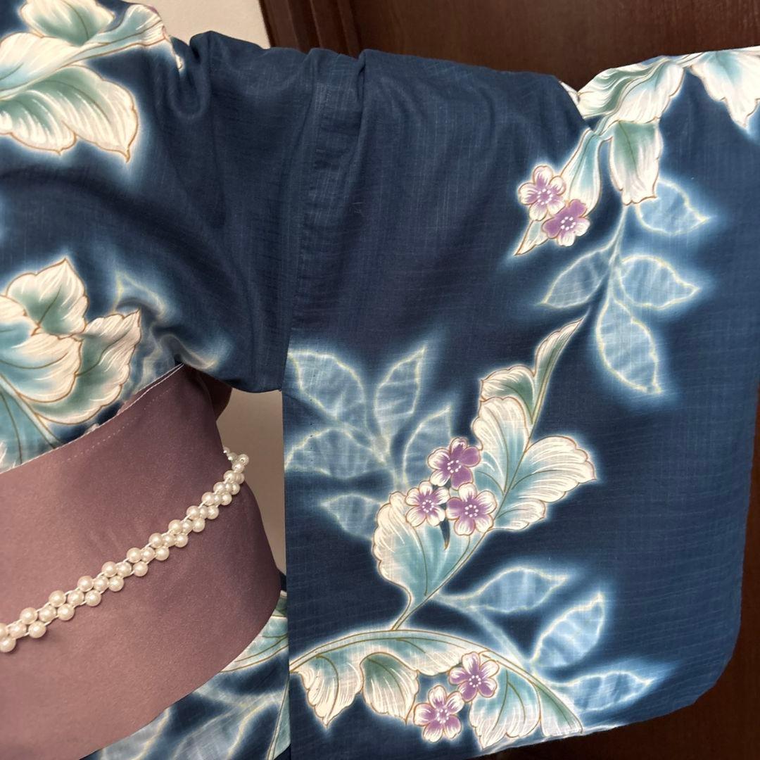 【未使用近い美品】 綿絽浴衣 単品 夏の風情◆上品な紺地×花模様◆希少裄丈長め