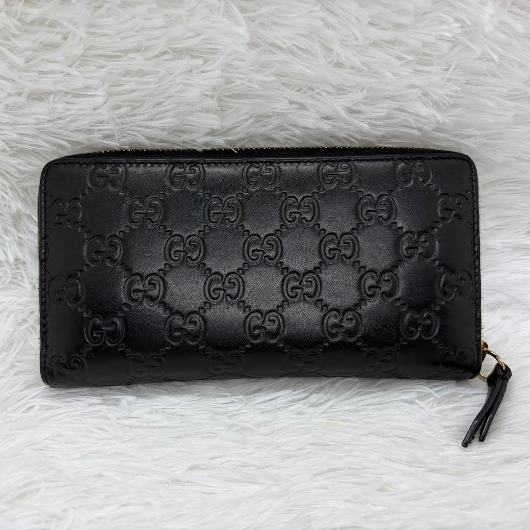 美品✨️グッチ　長財布　ラウンドファスナー　GG柄　シマ　レザー　ブラック　黒