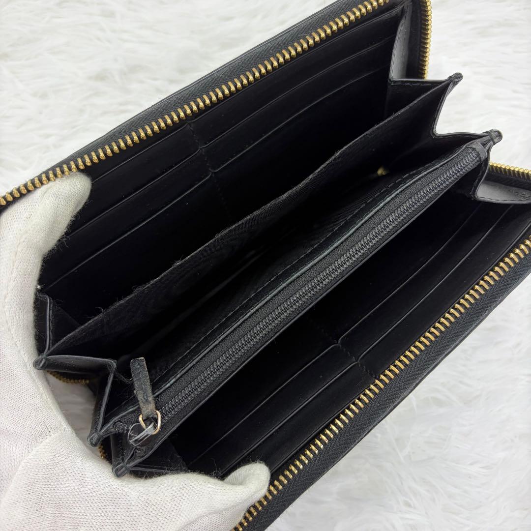 美品✨️グッチ　長財布　ラウンドファスナー　GG柄　シマ　レザー　ブラック　黒