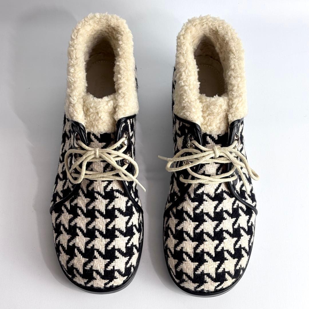 【極美品】GUCCI 千鳥柄 ツイード ボア アンクル ショートブーツ 23.5