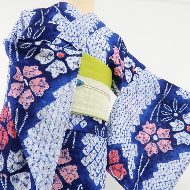 Y-921◆夏着物 有松鳴海絞『ウルトラマリン×撫子』居敷当て付 手縫 高級浴衣