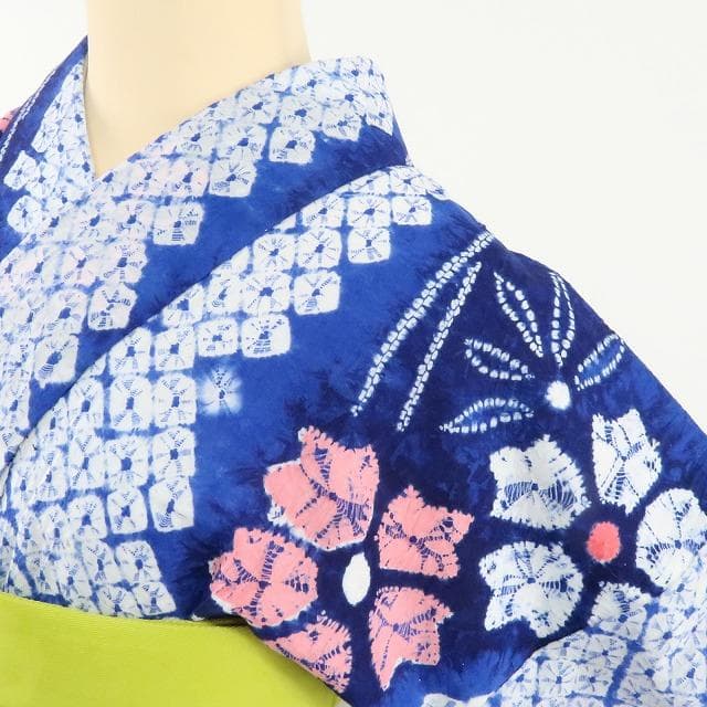 Y-921◆夏着物 有松鳴海絞『ウルトラマリン×撫子』居敷当て付 手縫 高級浴衣