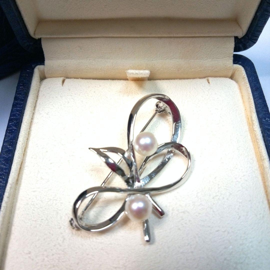 MIKIMOTO ヴィンテージ シルバー パールブローチ リボンリーフ