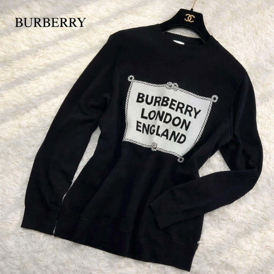 良品　バーバリー　現行ロゴ　長袖ニット　セーター　ウール混　ブラック　M