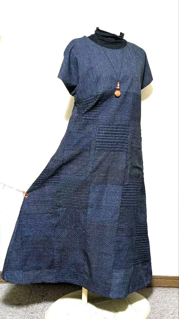 書生絣　着物リメイクロングワンピース