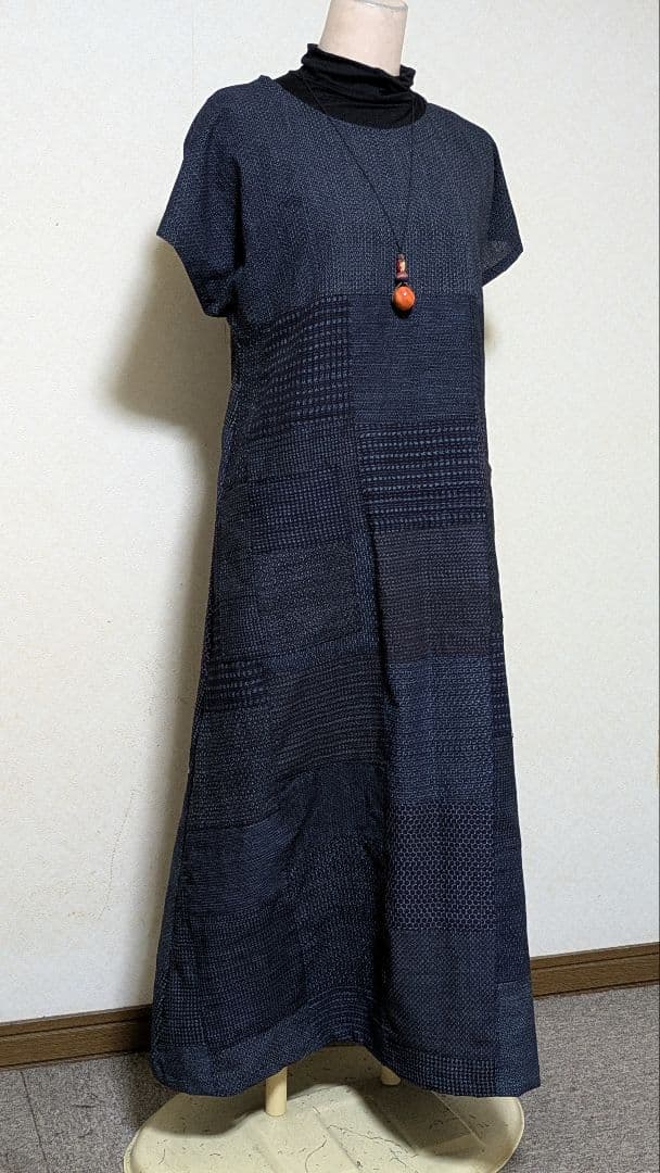 書生絣　着物リメイクロングワンピース