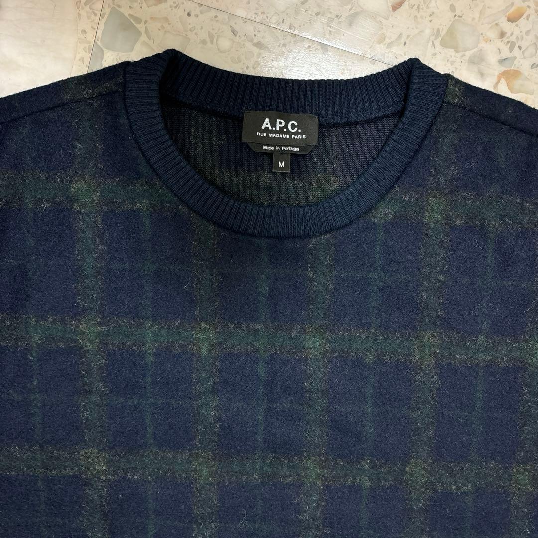 A.P.C. Mメンズ クルーネック　ウール　長袖スウェット　チェック　紺 緑