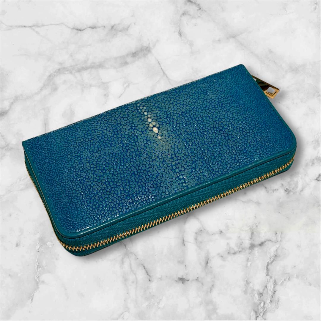 スティングレイ 長財布 ラウンドファスナー エイ革 金ファスナー ターコイズ
