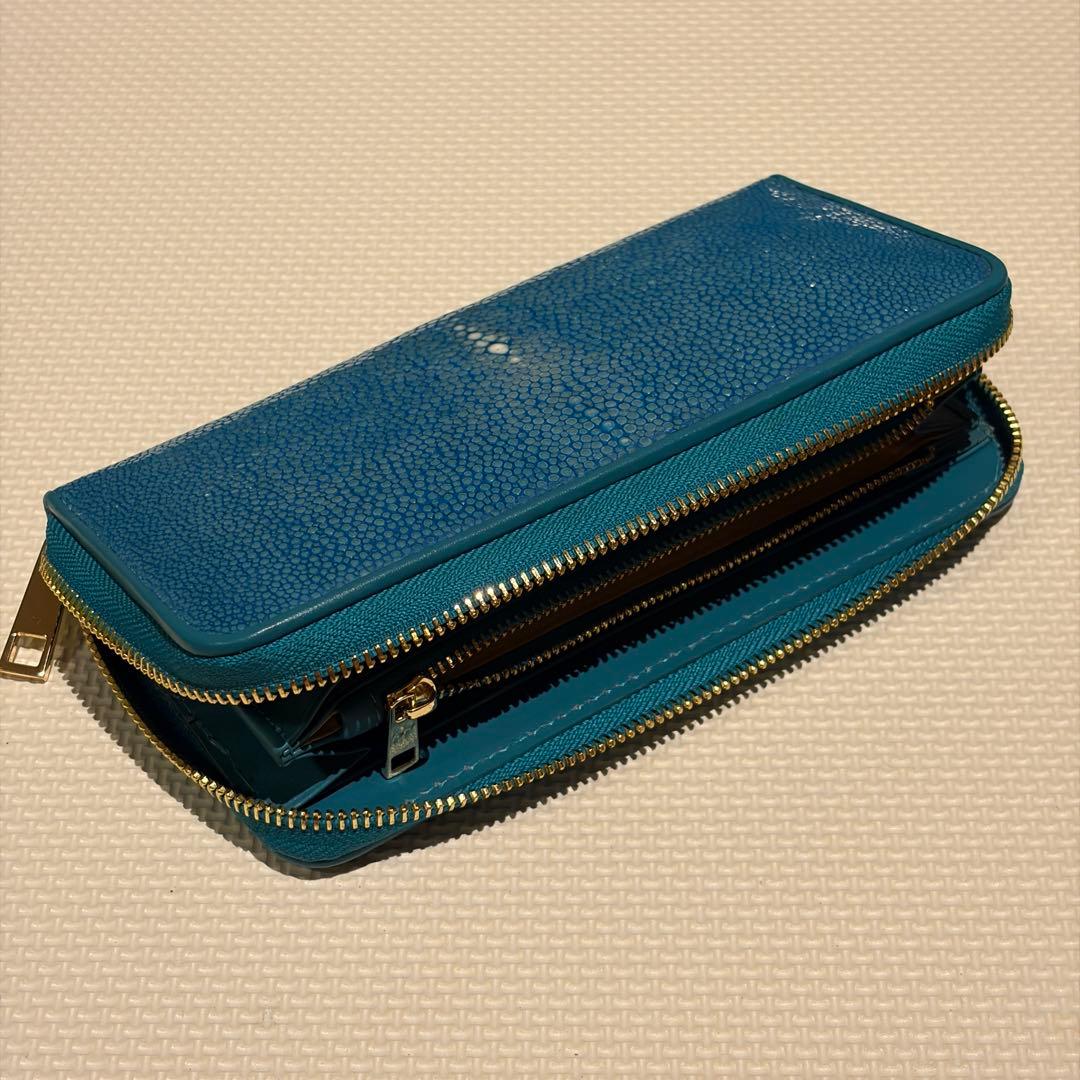 スティングレイ 長財布 ラウンドファスナー エイ革 金ファスナー ターコイズ