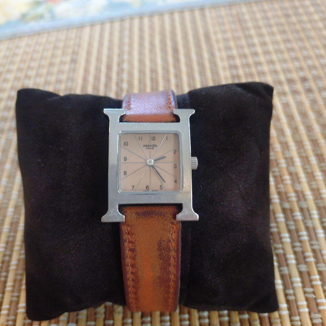 【HERMES】Hウォッチオレンジレザー スクエア時計