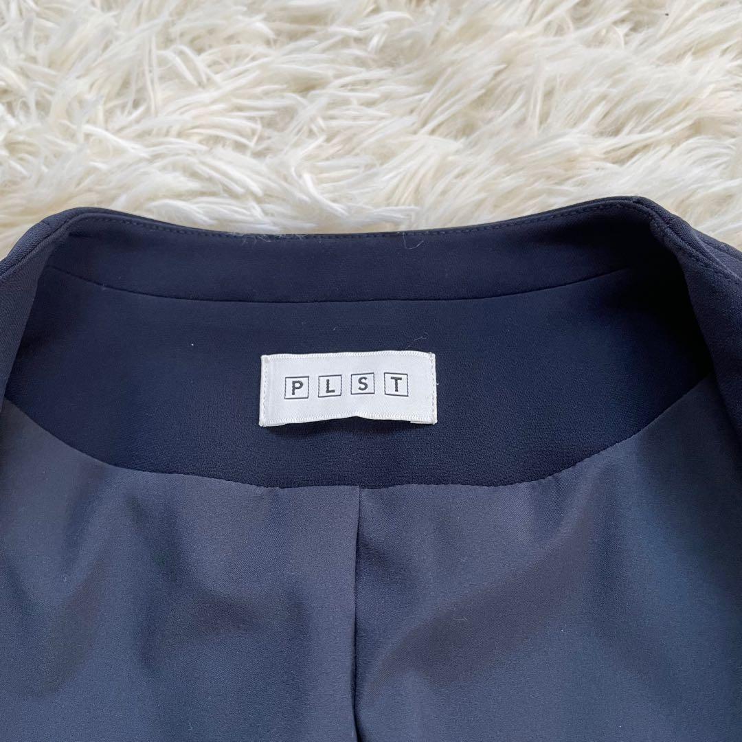 PLSTプラステ ネイビーノーカラージャケットパンツスーツセットアップ洗える