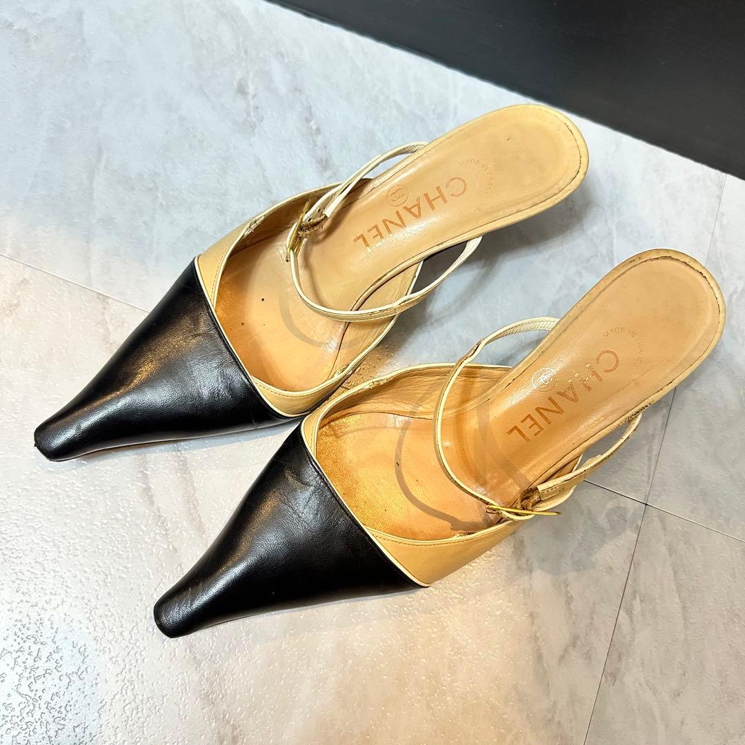 CHANEL ポインテッドトゥ パンプス ミュール ブラック ベージュ