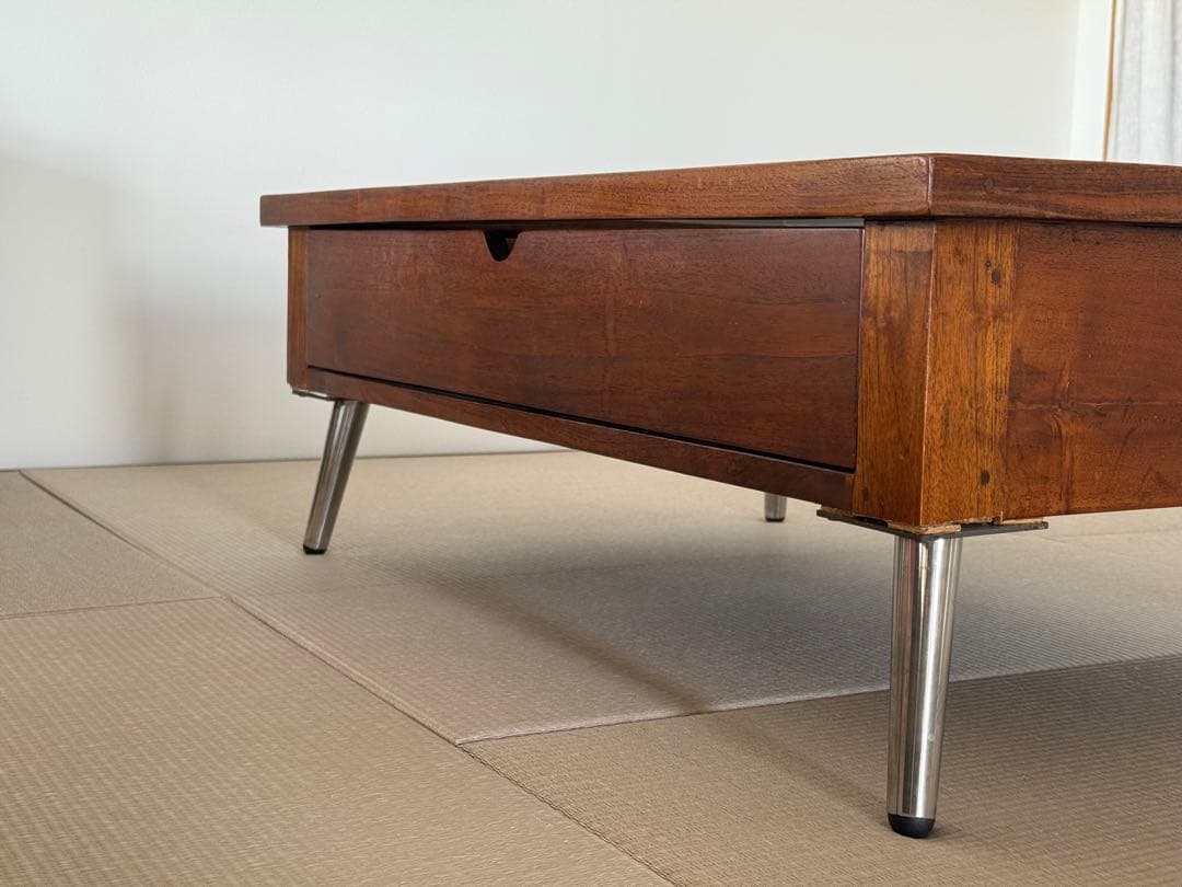 ヴィンテージアンティーク木製ガラス天板の長方形ローテーブル