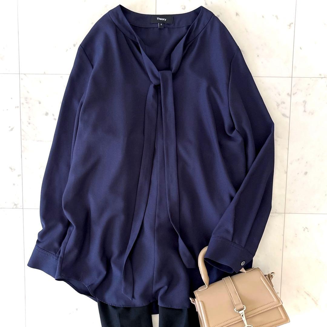 美品 セオリー ボウタイブラウス ネイビー 洗える S とろみブラウス 濃紺