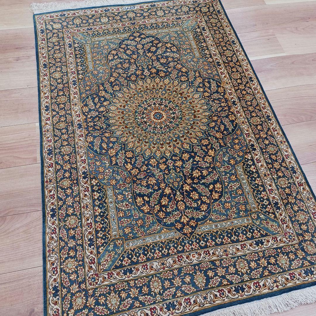 専用Y3144 高級ペルシャ絨毯 クム産 工房サイン シルク100% 手織り