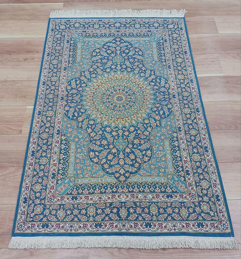 専用Y3144 高級ペルシャ絨毯 クム産 工房サイン シルク100% 手織り