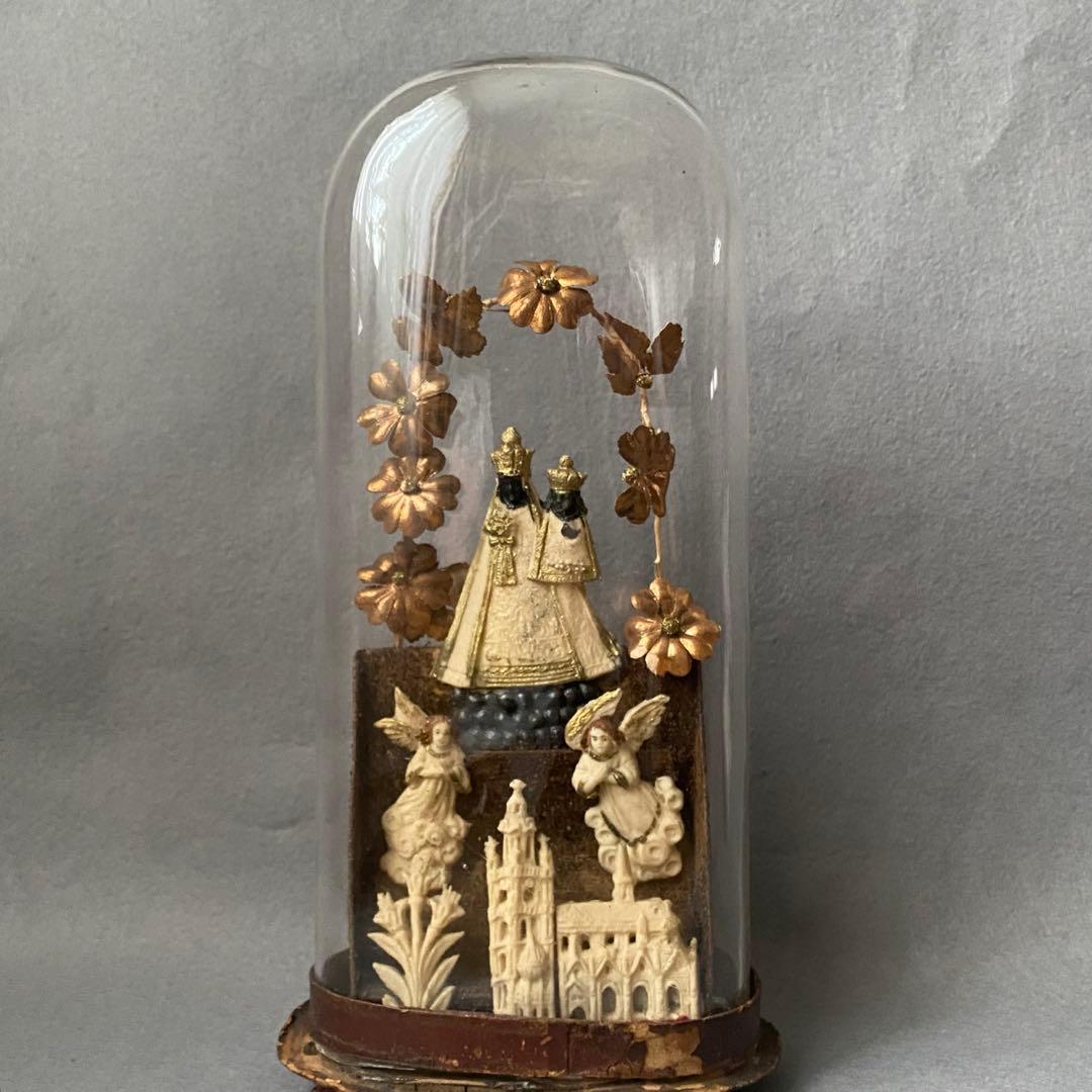 【アンティーク】 ガラスドーム 黒マリア 聖母子像 グローブドマリエ