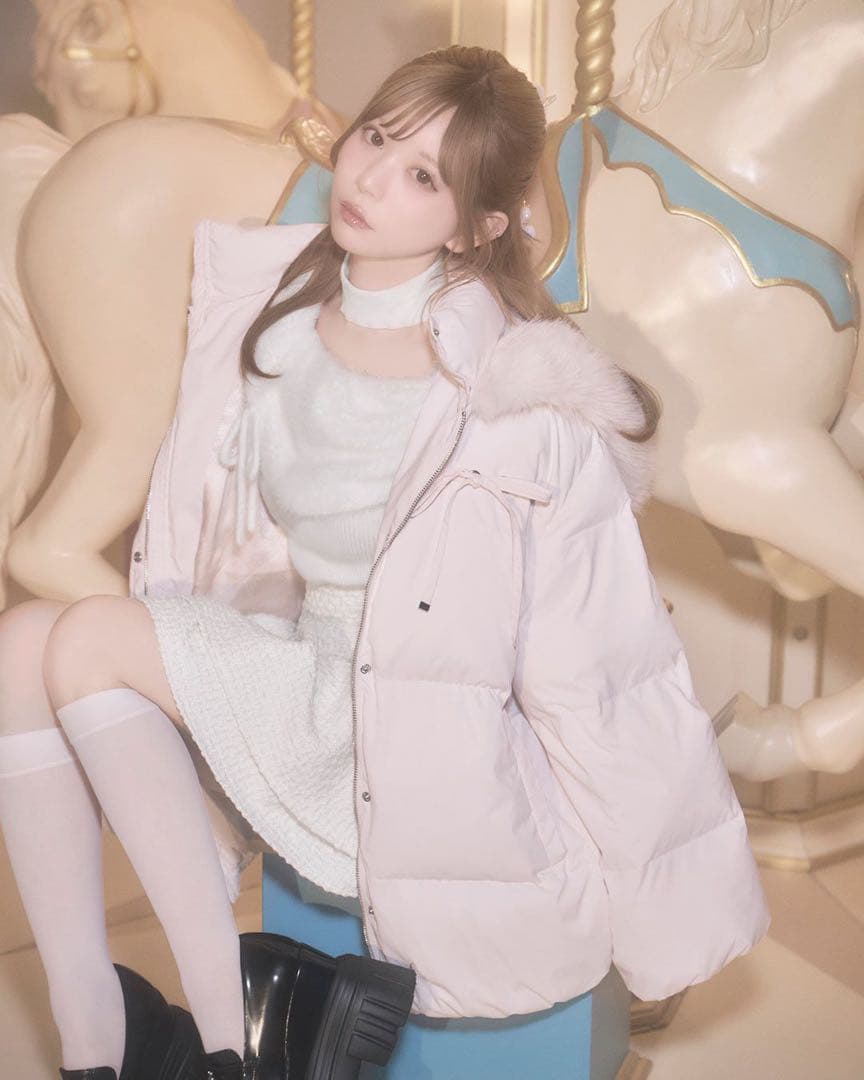 ミシェルマカロン ファーフードリボンダウンコート　ピンク　フリーサイズ