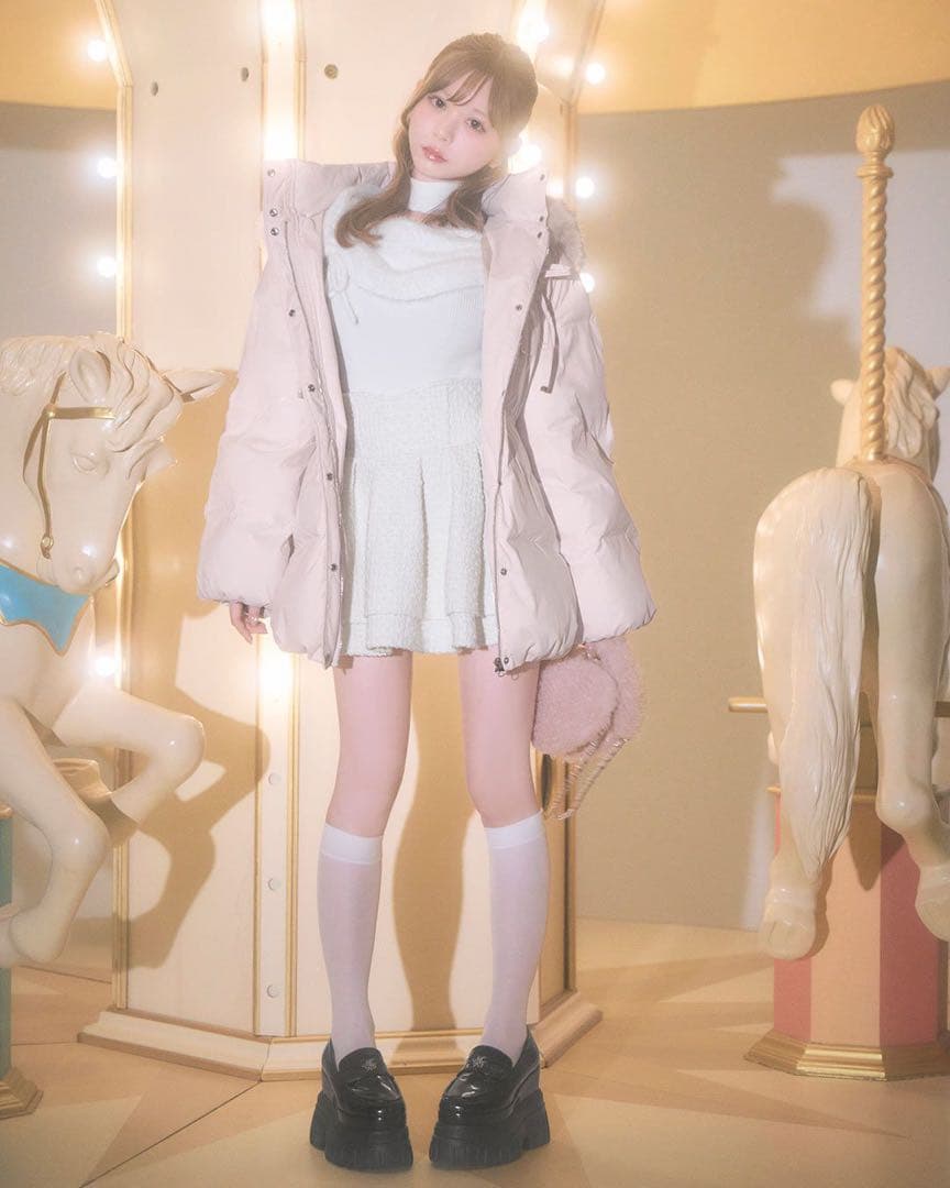 ミシェルマカロン ファーフードリボンダウンコート　ピンク　フリーサイズ