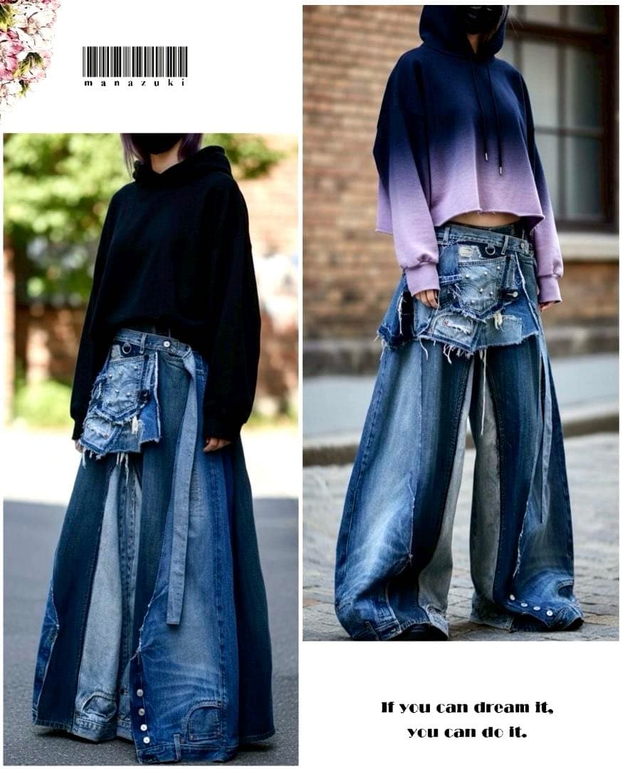 年末セール！デニムリメイク☆フレアパンツxプリーツ巻きスカート☆セットアップ