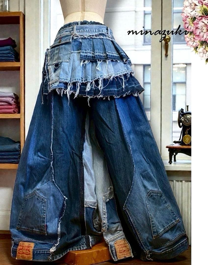 年末セール！デニムリメイク☆フレアパンツxプリーツ巻きスカート☆セットアップ