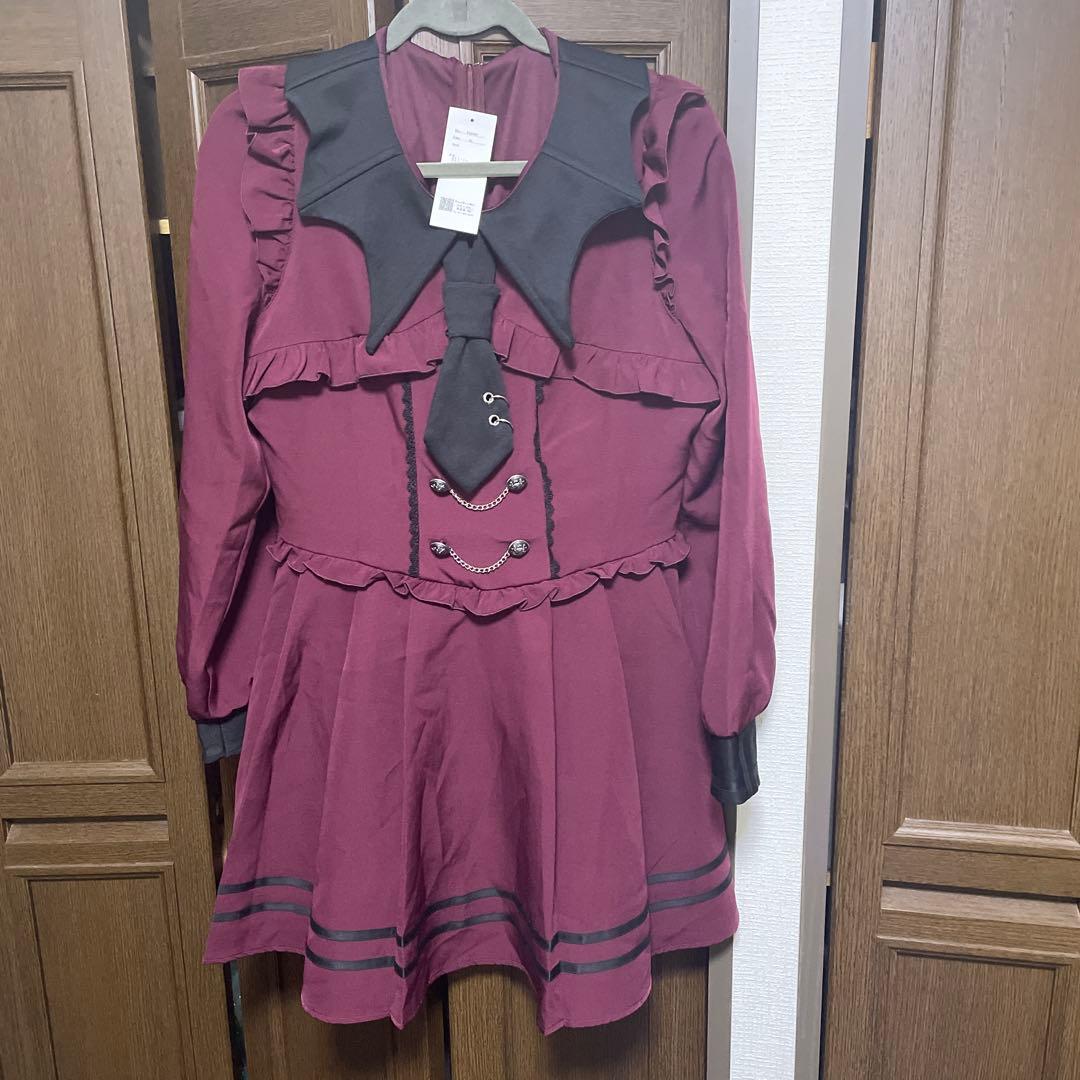 夢展望 コウモリ襟チェーンボタンフリルプリーツワンピース DearMyLove