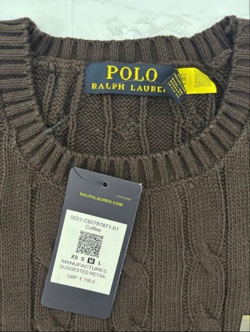 ポロ Poloラルフローレン ケーブルニット 茶色　ブラウンM タグ付新品