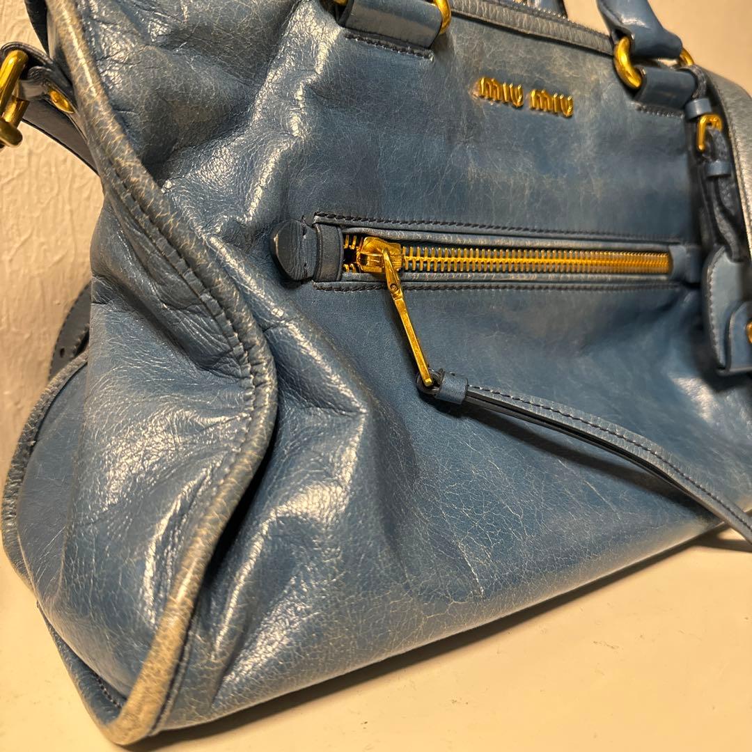 miu miu ハンドバッグ 青 レザー