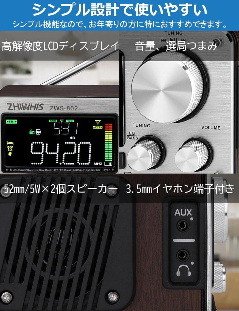 ZHIWHIS Bluetoothスピーカー ウッドケースラジオ リピーター付
