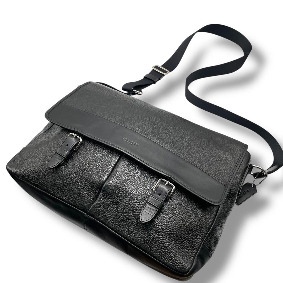 美品 COACH コーチ☆シボ革 ロゴ型押しショルダーバッグ レザー ブラック