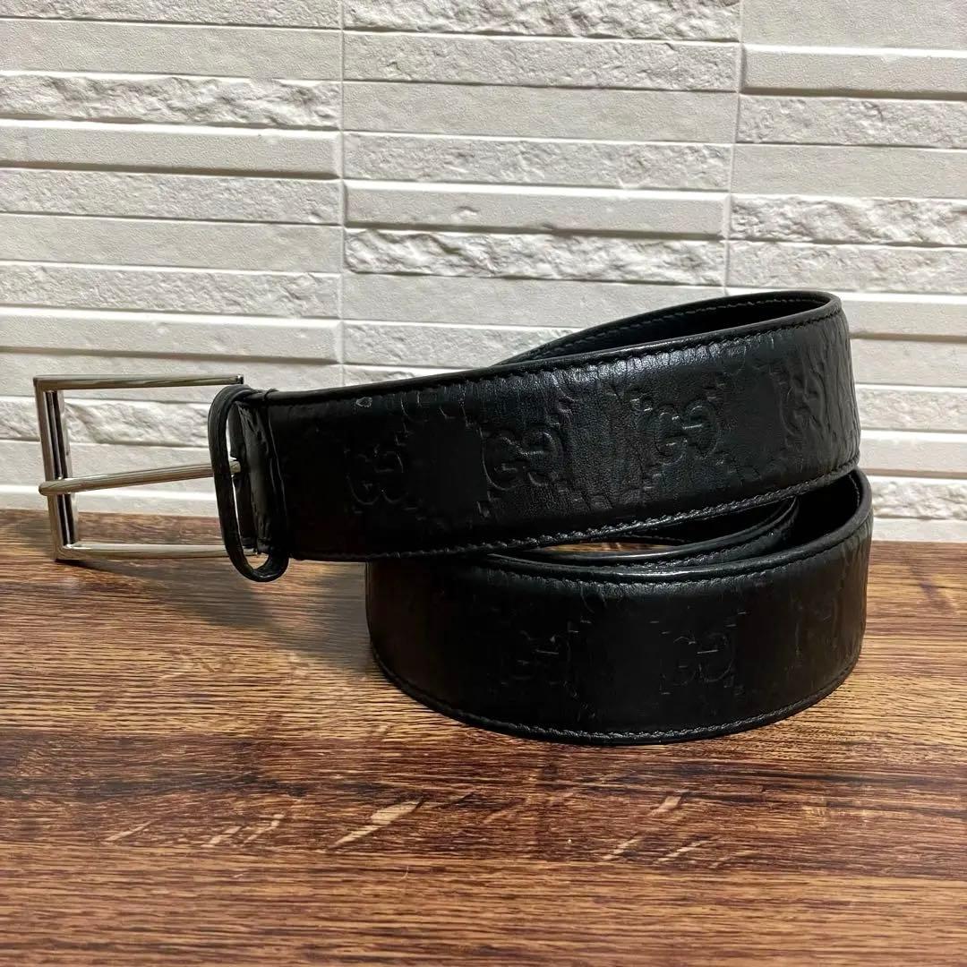 グッチ GG バックル ベルト シマ レザー 黒 シルバー グッチシマ.