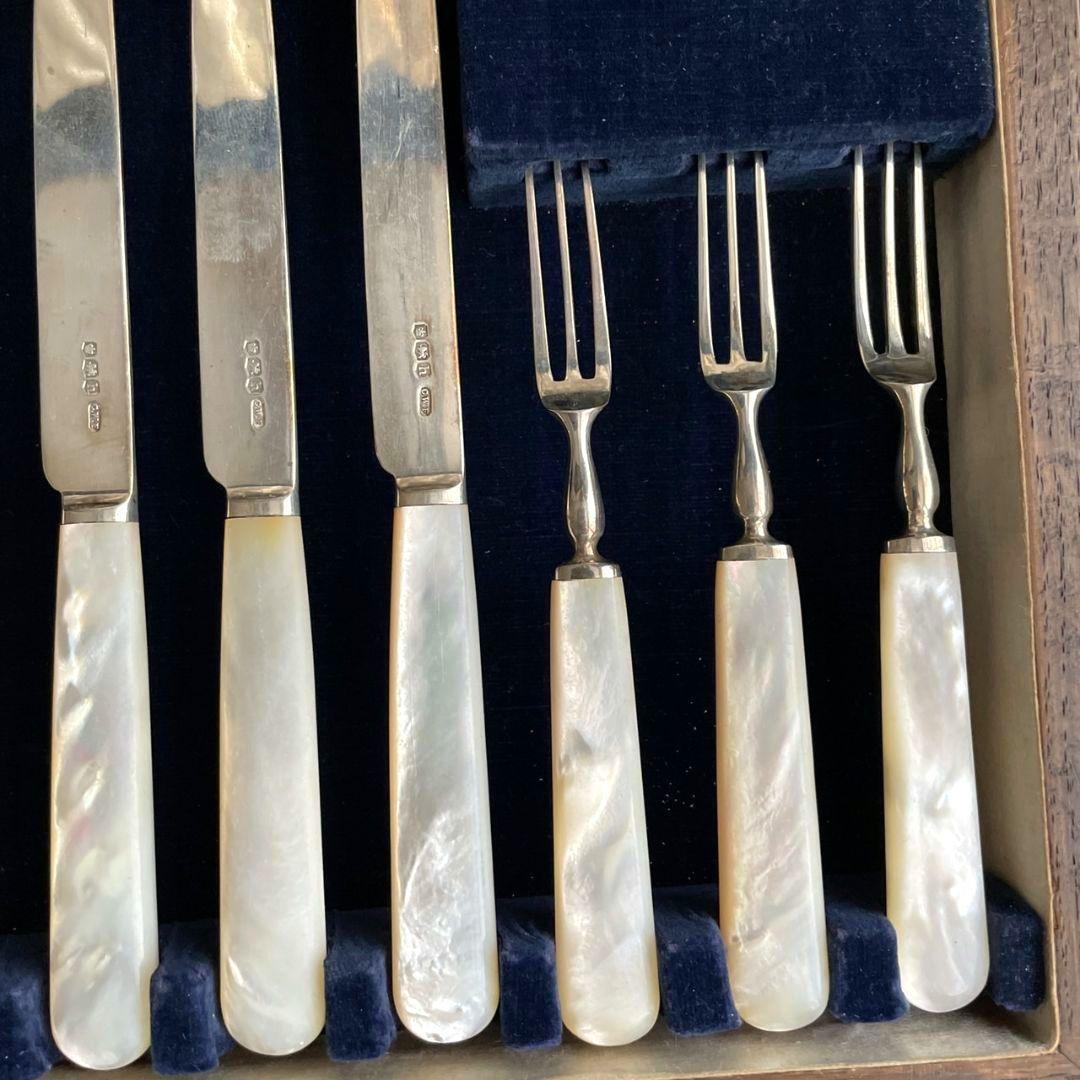 スターリングシルバー　銀製　白蝶貝　デザート用カトラリーセット　アンティーク