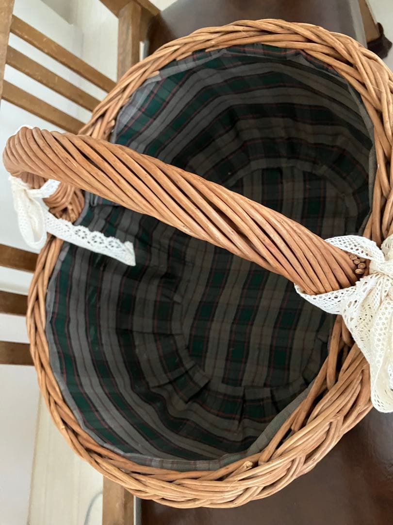 アンティークキルト　ドレスデンフリーカバー　ヴィンテージ籐籠のセット