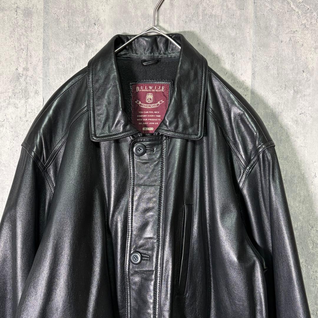 美品 高級 スペインレザー カーコート ボア襟 羊革 黒 光沢 XL