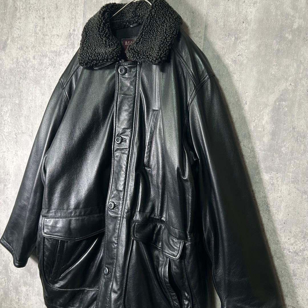 美品 高級 スペインレザー カーコート ボア襟 羊革 黒 光沢 XL