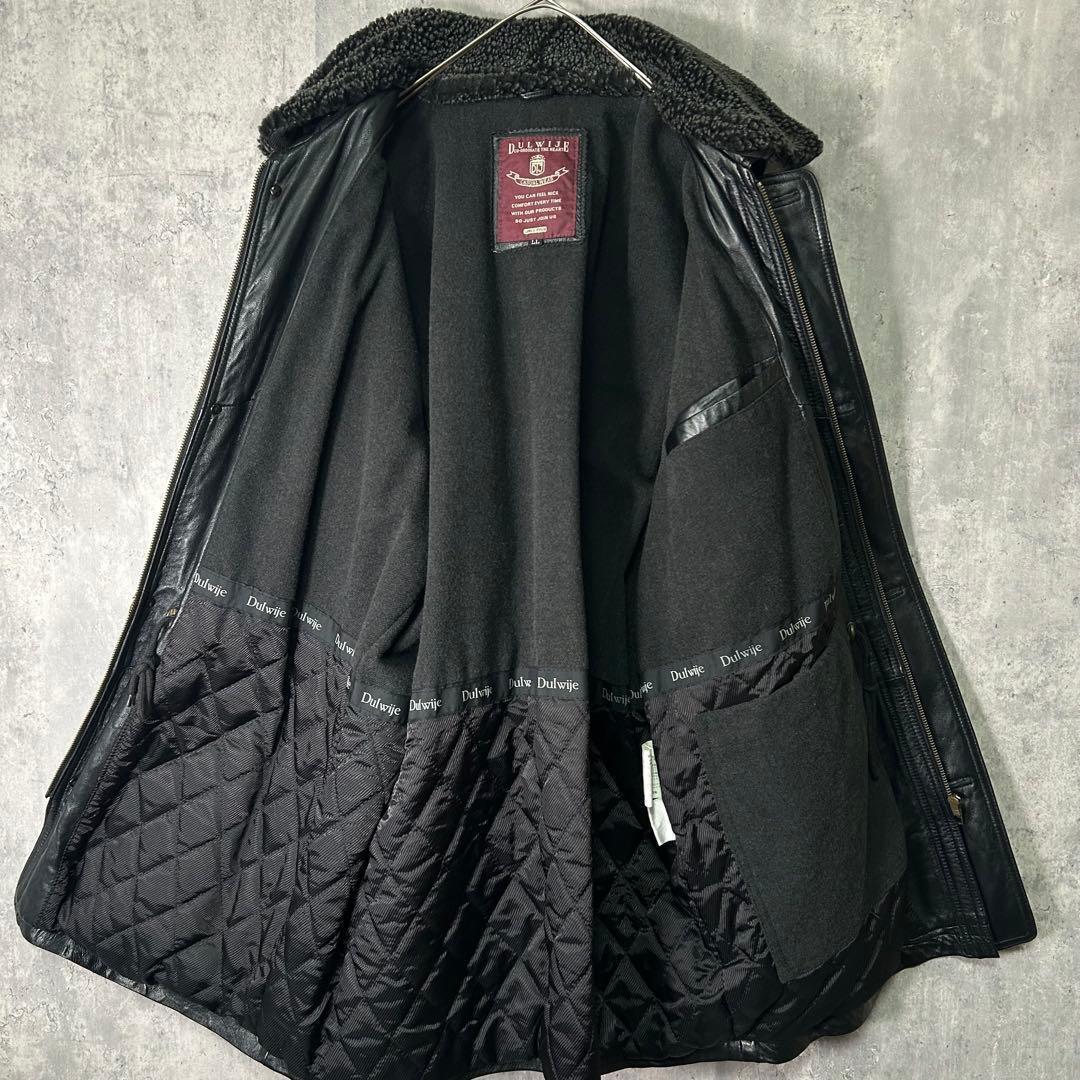 美品 高級 スペインレザー カーコート ボア襟 羊革 黒 光沢 XL