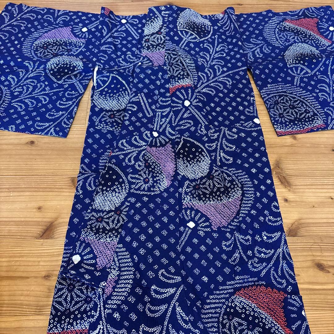 有松鳴海絞り浴衣 美品 手縫い 団扇 藍染