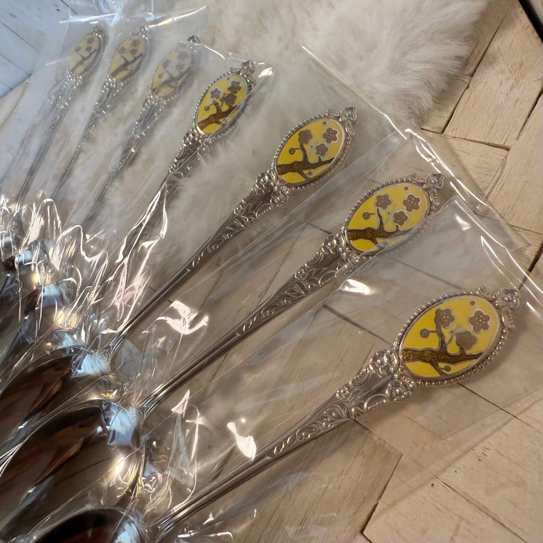未使用♡シルバー925♡梅柄♡七宝焼スプーン♡8本セット 銀製カトラリー