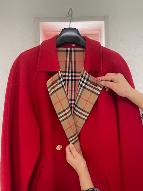 美品 バーバリー 希少赤 ダブルブレスト コート タータンチェック