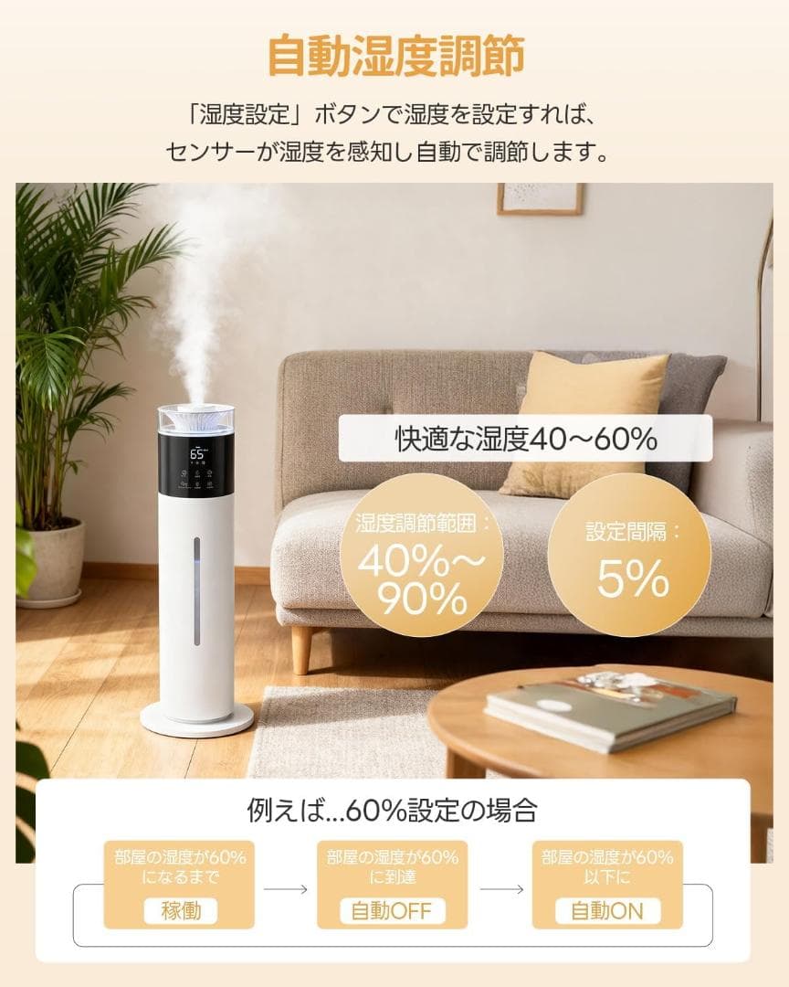 加湿器 大容量 超音波式【10L大容量・UVライト除菌・自動湿度調整】