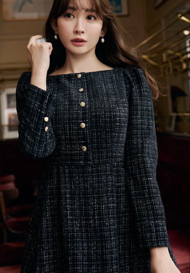 Herlipto ブラック ツイードミニワンピース