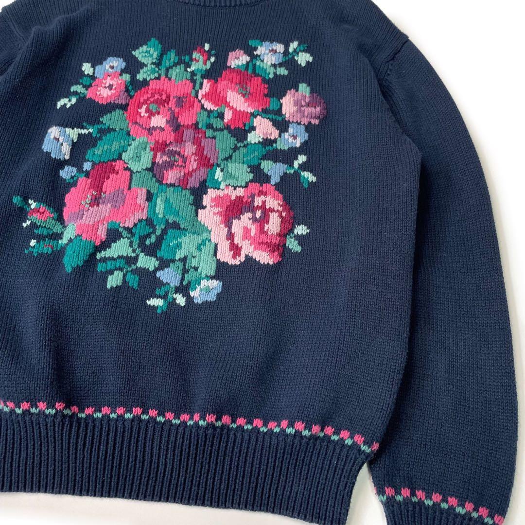 90’s Eddie Bauer 黒タグ コットンニット 花柄 刺繍 セーター