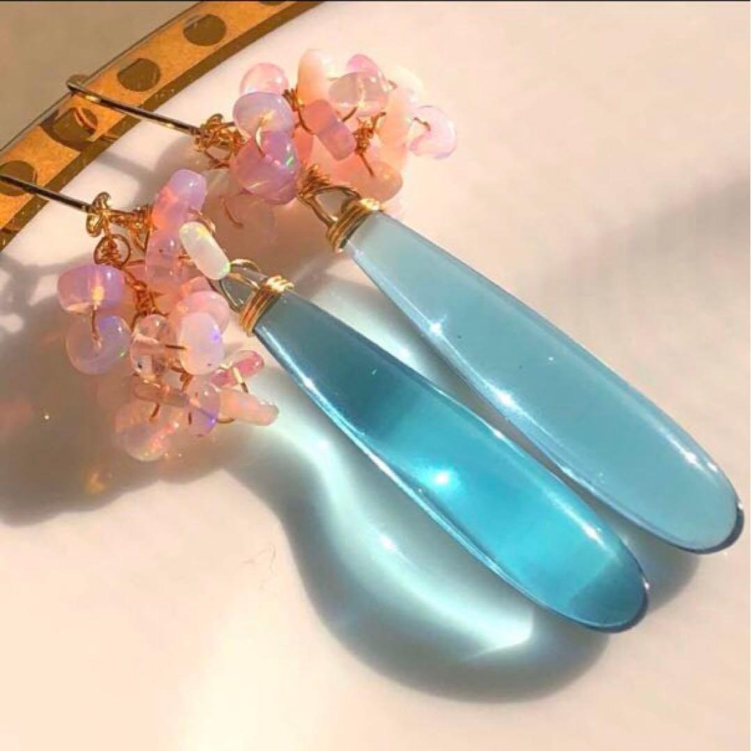 天然石♡桜プレシャスオパール×ティールブルーのピアス14kgf